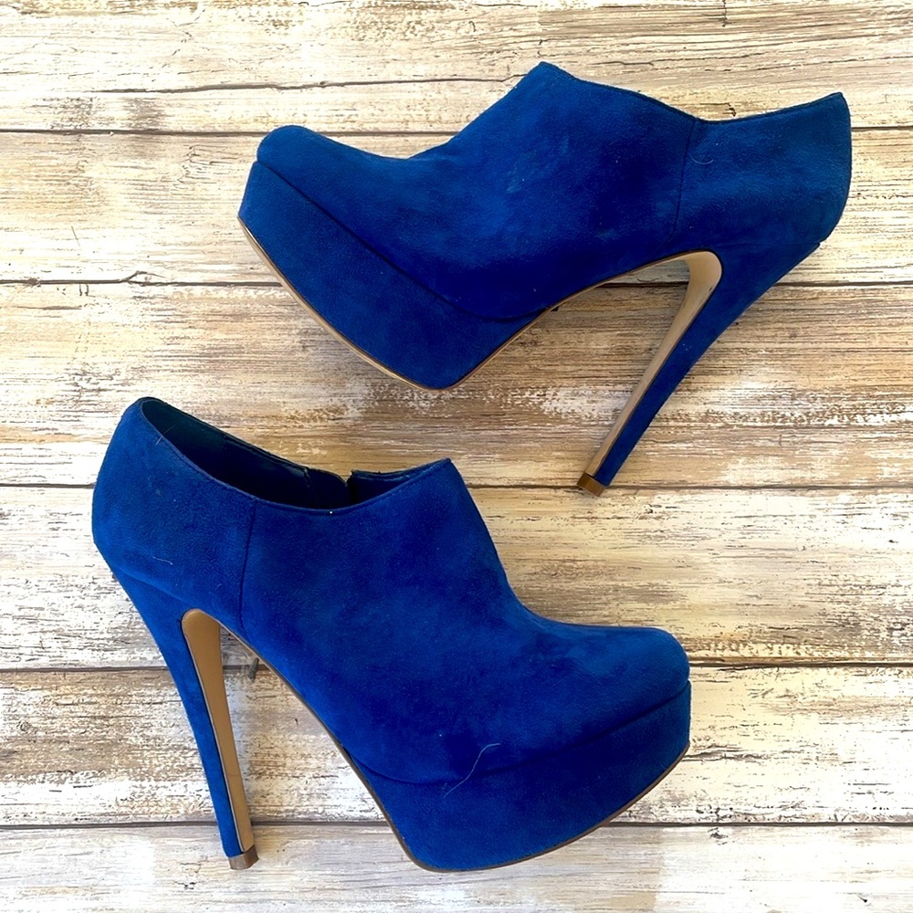 Aldo Cobalt Blue Suede Platform Heel Booties Sz 38 | US 7.5